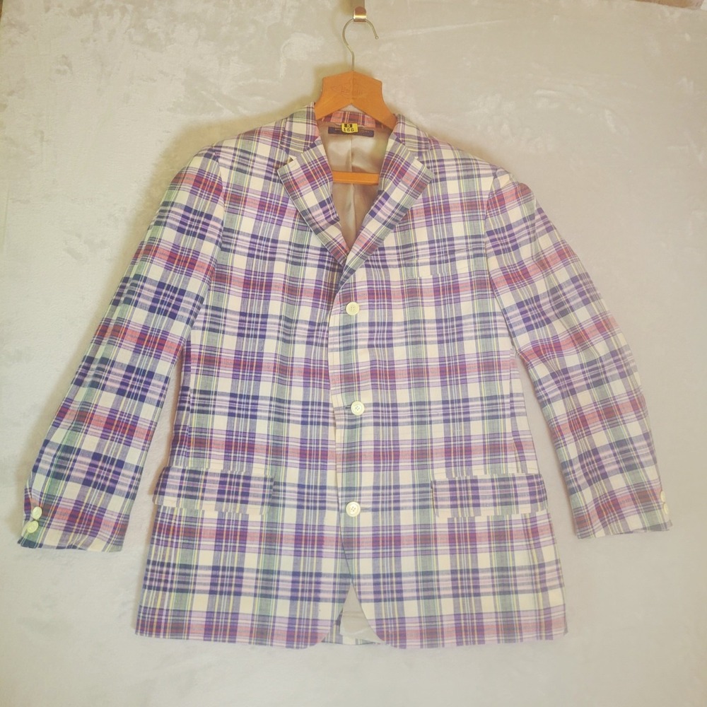 Vintage Brooks Brothers Multicolor Plaid Madras‎ Cotton Sack Blazer 43L